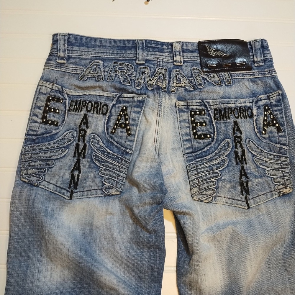 Vintage Emporio Armani Jeans Distressed Trashed 90s Women's Sz 29 Large Logo Y2K - Picture 5 of 16